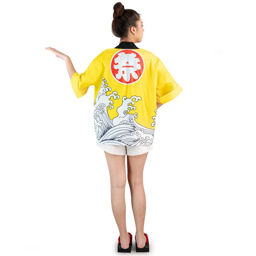 Yellow Japanese Happi Kimono Jacket Kin Waves